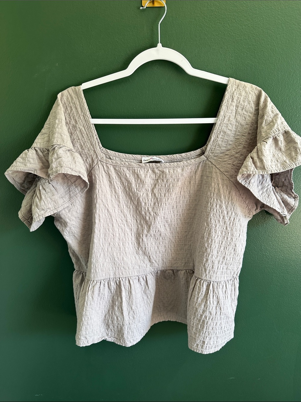 Dainty Hooligan Light Gray Peplum Blouse with Flutter Sleeves Size L 100% Cotton